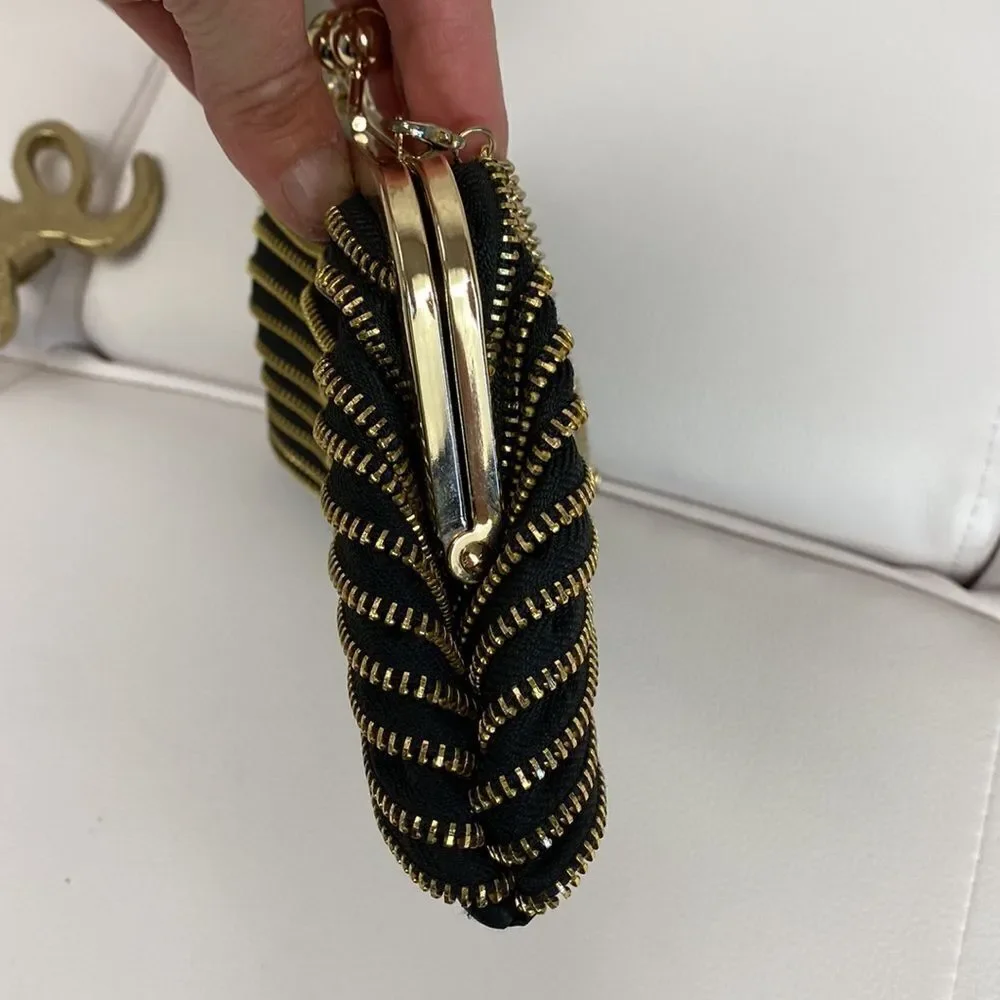 Ruffled Zipper Evening Bag Clutch Black Gold with Strap